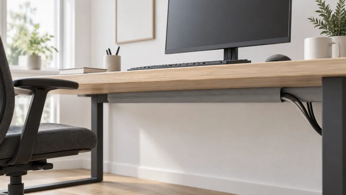 Fertig eingerichteter Arbeitsplatz mit dezent montiertem grauem Kabelkanal