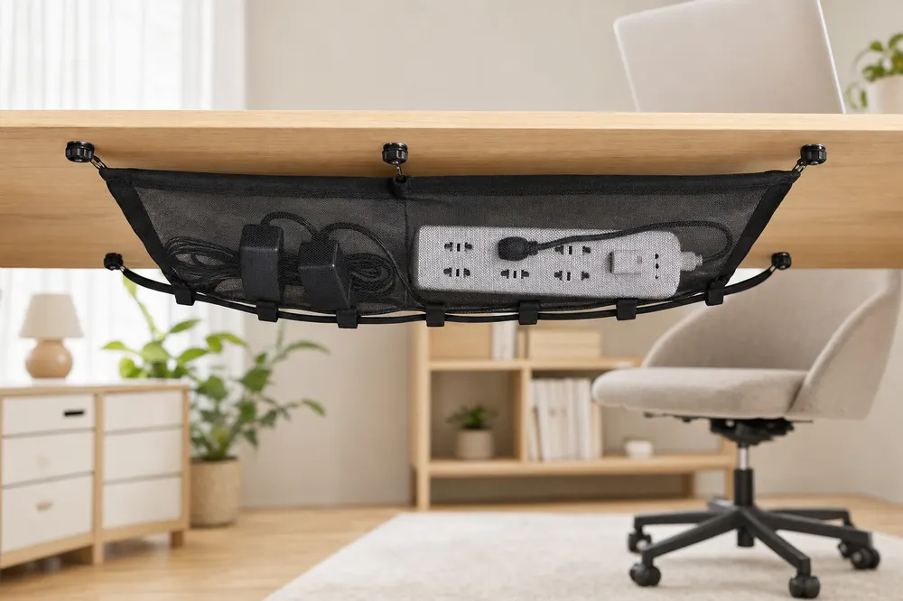 Arbeitsplatz mit Kabelnetz unter dem Schreibtisch